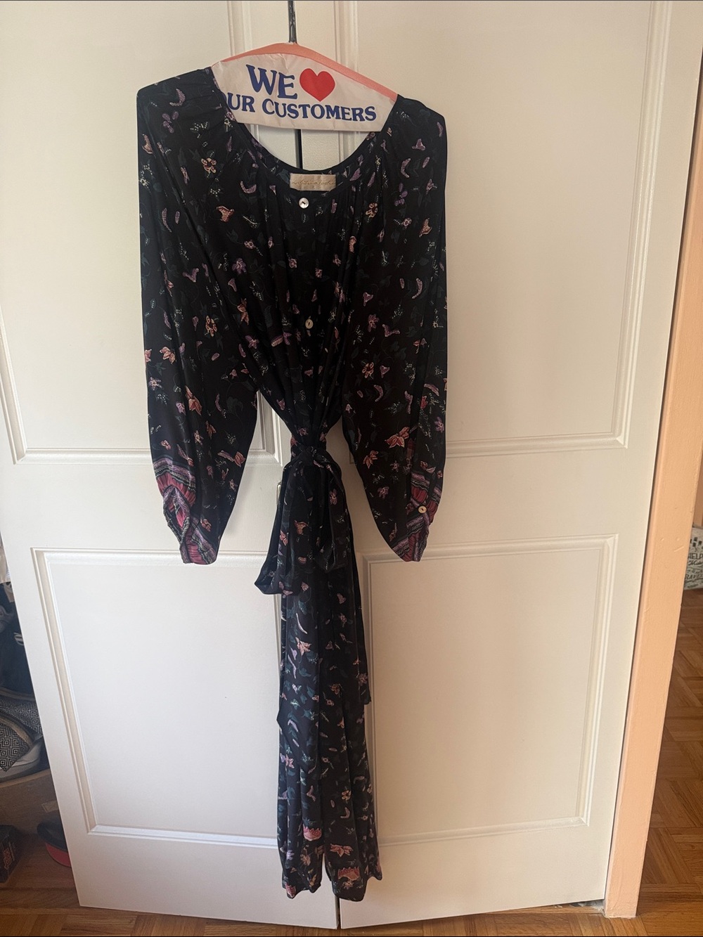 Natalie Martin Black Long-Sleeve Floral Silk Tie-Waist Maxi Dress